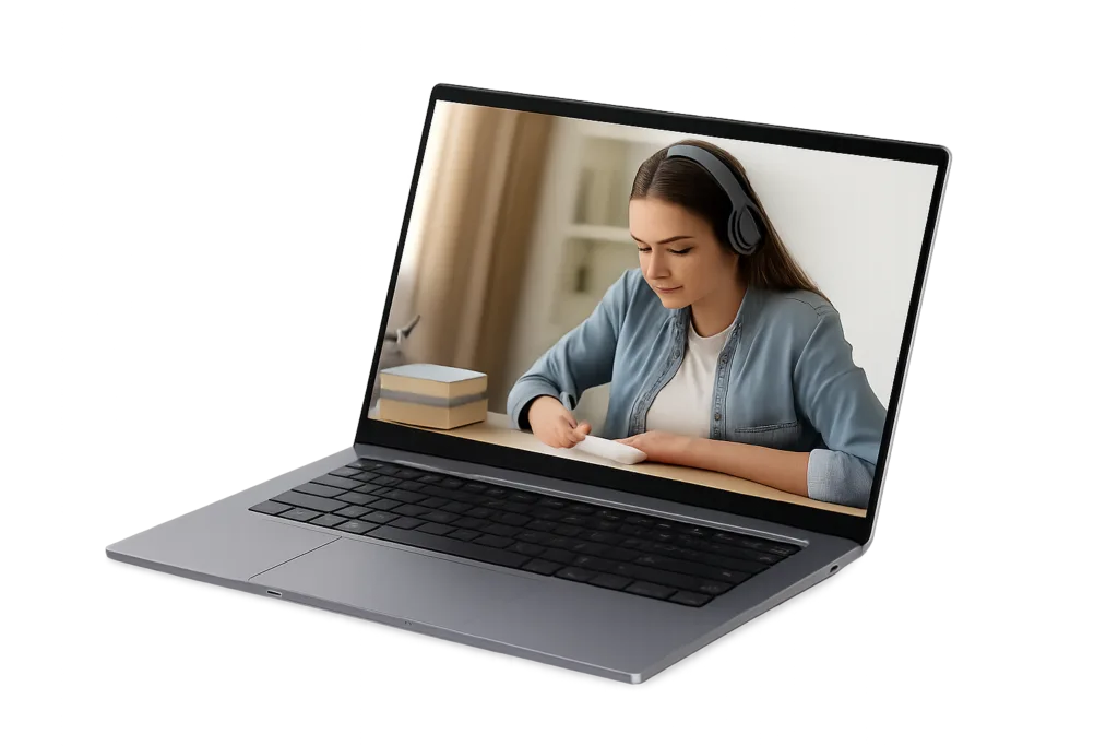 Notebook leve e compacto sobre mesa de estudo, ideal para estudantes